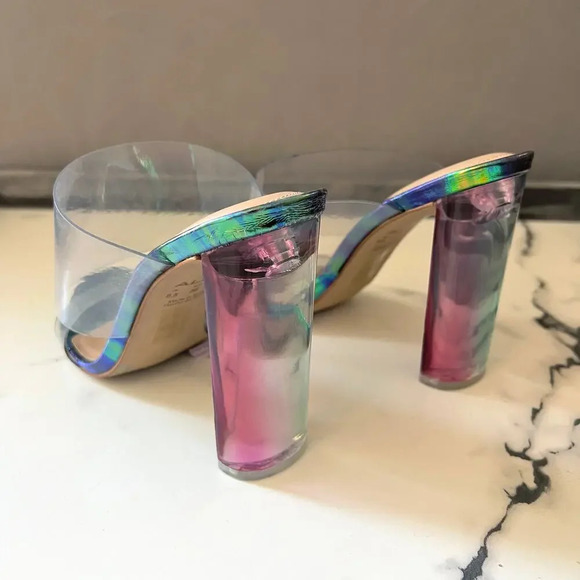 ALDO PVC Clear Double Strap Green Iridescent Mermaid Sandal Heels Size 8.5 - Picture 8 of 11